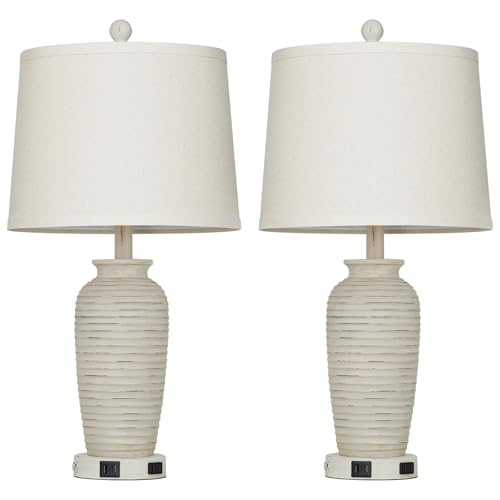 CINSARY 25" Retro White Farmhouse Jar Table Lamps Set of 2, 3 Way Touch Control Rustic Bedside Lamps with USB A+C Ports & AC Outlet, Pot Nightstand Lamps for Bedroom Living Room (LED Bulbs Included) - color: Retro White