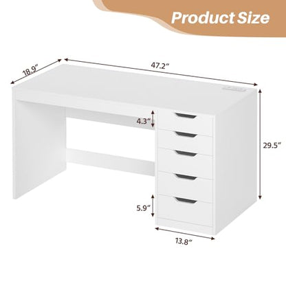 47 Inch Computer Desk with 5 Drawers and Power Outlets for Small Spaces | Home Office Desks with Storage File Cabinet and Charging Station, Modern Simple Laptop Desk Writing Table, White - color: White