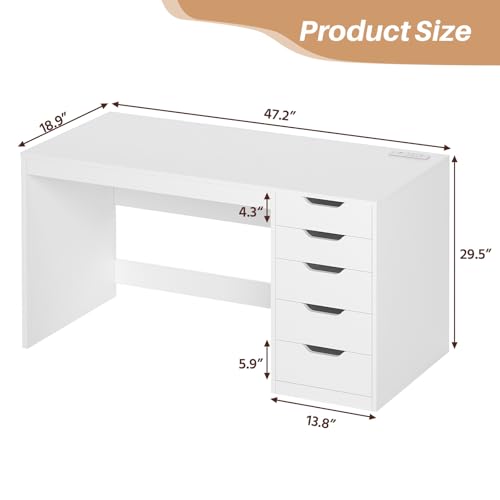 47 Inch Computer Desk with 5 Drawers and Power Outlets for Small Spaces | Home Office Desks with Storage File Cabinet and Charging Station, Modern Simple Laptop Desk Writing Table, White - color: White
