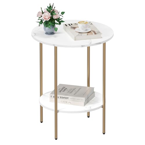 Side Table, Round End Table with 2 Storage Shelves, Compact Living Room Accent Table, Space-Saving Small Bedside Table, 18x18x22in, Marble White