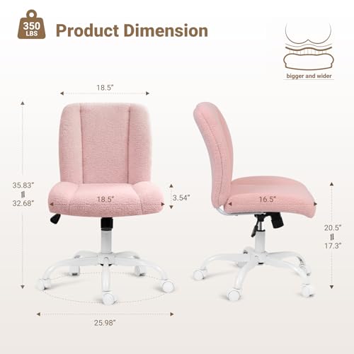 Vanity Chair with Wheels, Armless Office Chair Height Adjustable, Cute Desk Chair with Soft Lumbar Support for Small Space, Bedroom, Make-up Room, Pink - color: Pink