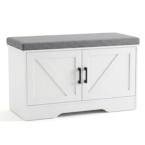 DUMOS 28" Shoe Storage Bench, Entryway Shoe Organizer Cabinet with Padded Seat Cushion, Adjustable Shelf and 2 Doors, Compact Storage Bench for Small Spaces, Hallway, Bedroom, Living Room, White - size: 28 inches