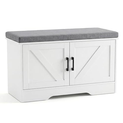 DUMOS 28" Shoe Storage Bench, Entryway Shoe Organizer Cabinet with Padded Seat Cushion, Adjustable Shelf and 2 Doors, Compact Storage Bench for Small Spaces, Hallway, Bedroom, Living Room, White - size: 28 inches