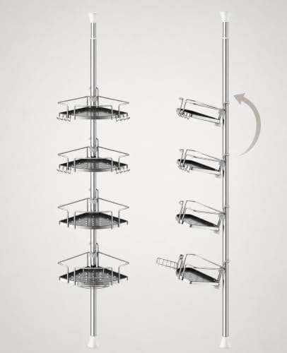 ALLZONE Corner Shower Caddy Tension Pole, 4 Hang-On Basket with Mixed-Height Shelves for Various Bottle Sizes, Extra Hooks & Soap Holder, Rustproof Stainless Steel, Fits 34–116 Inch, Silver/Dark Gray - color: Silver/Dark Gray