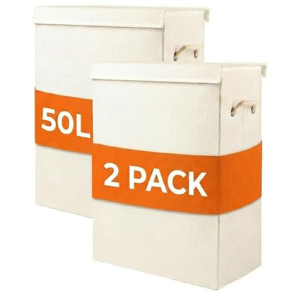 Luxe Slim Collapsible Laundry Hamper with Lid, Beige, 2-Pack, 50L | Polyester Construction, Carry Handles, Removable Liner, Rectangular Shape