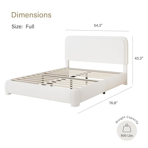 BarnFurin Full Bed Frame, Cloud Boucle Headboard, Rounded Corners, White | Soft boucle and rounded edges create a low-profile cloud look. Wooden slats support the mattress without a box spring - color: White, size: Full