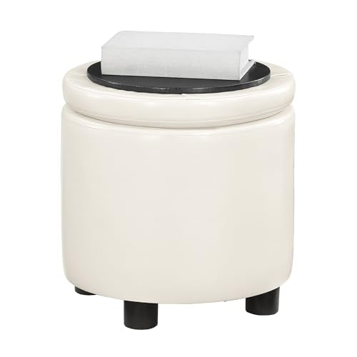 Designs4Comfort Round Accent Storage Ottoman with Reversible Tray Lid - color: White