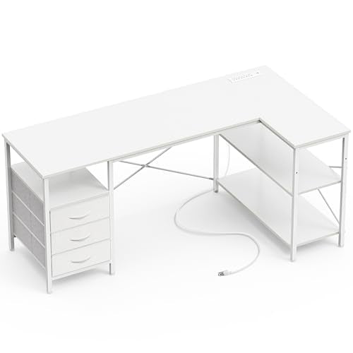 Huuger L Shaped Office Desk with Power Outlets & 3 Drawers | 55 Inch Computer Desk with Shelves, Reverisble for Gaming Corner Work Home Office Study, White - color: White, size: 55inch