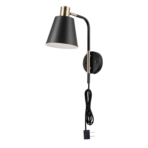 Globe Electric 51374 Cleo 1-Light Plug-in or Hardwire Wall Sconce, Matte, Antique Brass Accents, Black Cloth Cord, 14.44 - color: Antique Brass, Cleo