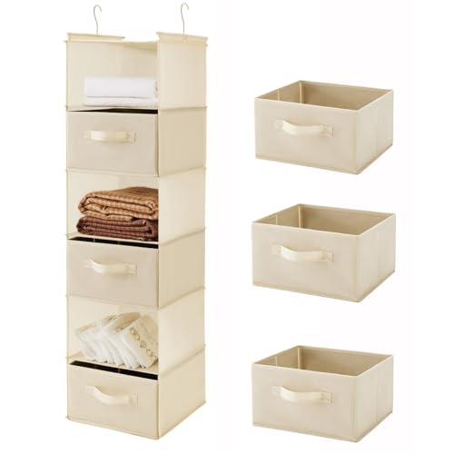 MAX Houser 6 Tier Shelf Hanging Closet Organizer, Closet Hanging Shelf with 2 Sturdy Hooks for Storage, Foldable (Beige-D3) | foldable lightweight fabric space-saving design for Bedroom, Closet Hanging Shelf for Storage with Removable Drawers - color: Bei