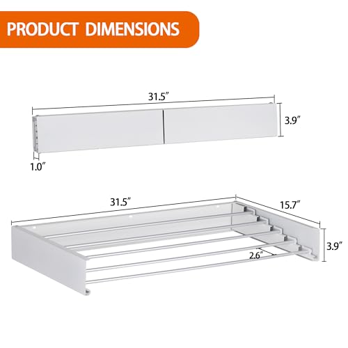 Laundry Drying Rack Wall Mounted Clothes Drying Rack Collapsible with 5 Aluminum Rods and Drilling Template Long Screwdriver Bit 60 lbs Capacity (White, 31.5") - color: White, size: 31.5"