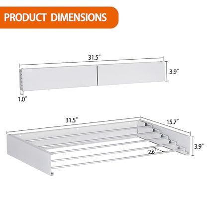 Laundry Drying Rack Wall Mounted Clothes Drying Rack Collapsible with 5 Aluminum Rods and Drilling Template Long Screwdriver Bit 60 lbs Capacity (White, 31.5") - color: White, size: 31.5"