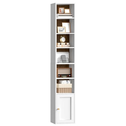7-Tier Tall Narrow Bookshelf with Door, 70.9 Inches CD DVD Slim Media Tower Rack with Storage Cabinet, Adjustable Shelves, Skinny Bookshelf Display Bookcase for Home Office, White and Walnut - color: White + Walnut