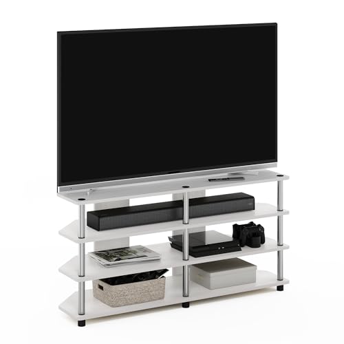 Furinno ECON TV Stand, 4-Tier Wide Corner Entertainment Center, TV Console for TV up to 55 Inch, Easy Assembly, for Living Room, Bedroom, White Oak/Stainless Steel Tubes - color: White Oak/Stainless Steel, size: For 55" TV, Corner 4-Tier