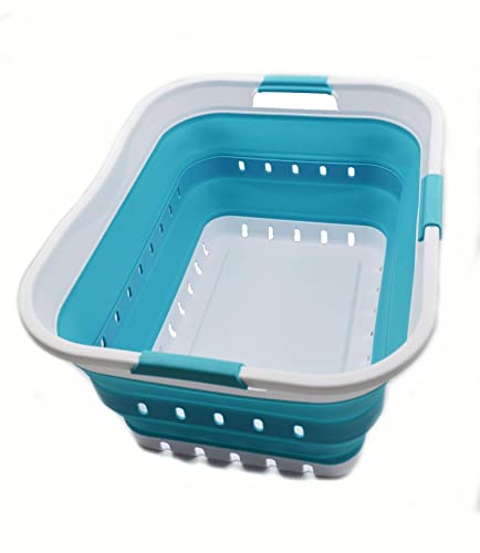 SAMMART 42L (11 gallon) Collapsible Plastic Laundry Basket - Foldable Pop Up Storage Container/Organizer - Portable Basket - Space Saving Hamper/Basket (2, White/Bright Blue) - color: White/Bright Blue