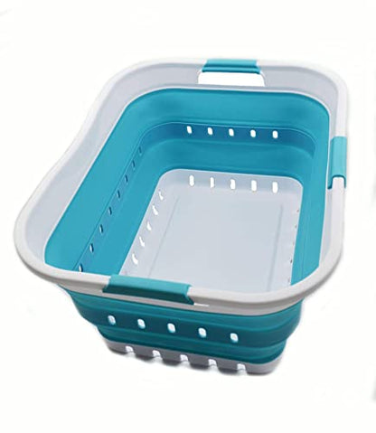 SAMMART 42L (11 gallon) Collapsible Plastic Laundry Basket - Foldable Pop Up Storage Container/Organizer - Portable Basket - Space Saving Hamper/Basket (2, White/Bright Blue) - color: White/Bright Blue