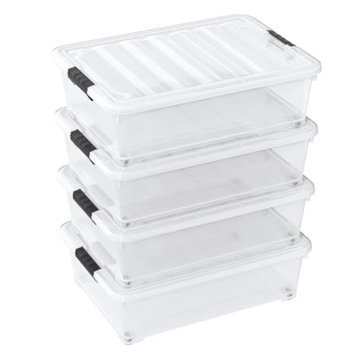 25 Quart Clear Under Bed Storage Container with Wheels, 4 Packs | Stackable Plastic Underbed Bin with Lid - size: 25 Quart