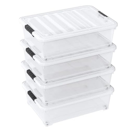 25 Quart Clear Under Bed Storage Container with Wheels, 4 Packs | Stackable Plastic Underbed Bin with Lid - size: 25 Quart