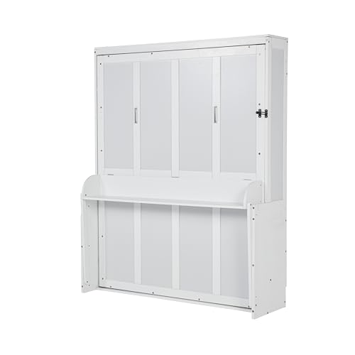 SOFTSEA Queen Size Murphy Wall Bed Frame with Desk, White | Space-Saving Hidden Wall Bed with Desk, Gas Struts, Vertical Murphy Bed Cabinet for Guest Room Home Office - color: White Black