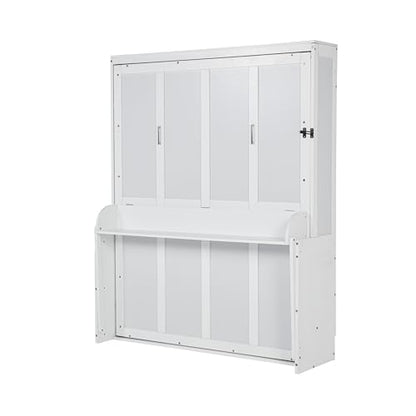 SOFTSEA Queen Size Murphy Wall Bed Frame with Desk, White | Space-Saving Hidden Wall Bed with Desk, Gas Struts, Vertical Murphy Bed Cabinet for Guest Room Home Office - color: White Black