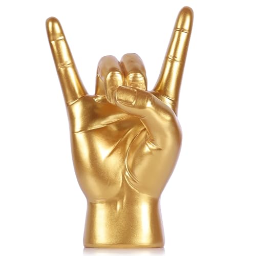 QIANLING 7.7" Gold Rock On Hand Statue, Modern Hand Gesture Sculpture, Rock Music Room Decor, Heavy Metal Party Accent Tabletop Figurine for Desk, Bookshelf, Mantel & Home Office - color: Shiny Gold