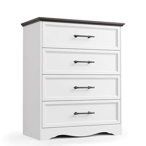 YANSNWO White 4 Drawer Dresser for Bedroom, 36" Tall Chest of Drawers | Brushed Metal Handles, Unique Base Design, Replicated Wood Grain Finish, Modern Farmhouse for Bedroom/Living Room/Hallway - color: White, size: 15.7"D x 29.5"W x 35.8"H (4 Drawers)