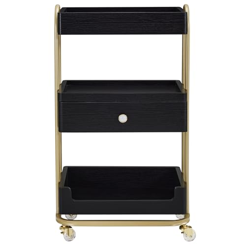 BarberPub 3-Tier Salon Trolley Cart with Drawer, Metal Frame Black 2086 - color: Black