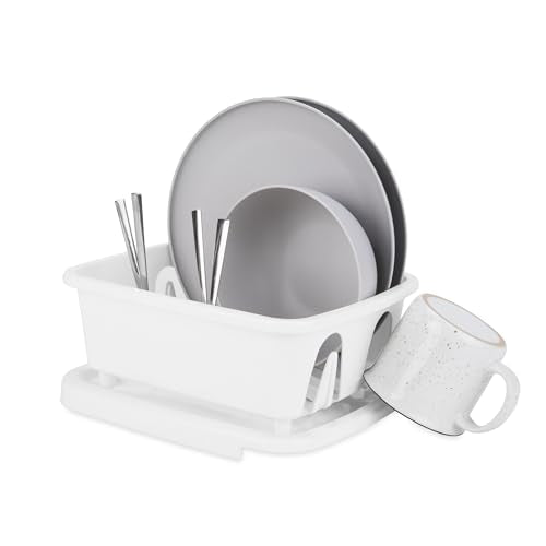 Camco RV Mini Dish Drainer & Tray - Features a Sloped Drain Tray Design, Heavy-Duty Construction - Ideal for Small Spaces, Apartments, Boats, and More -9.5"L x 11.7"W x 4.75"H - White (43511)