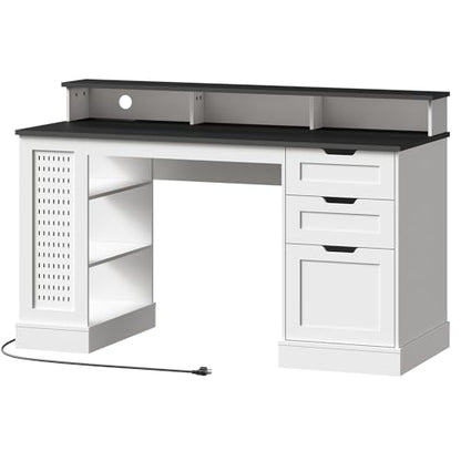 55-Inch Farmhouse Executive Desk with 2 Drawers and File Cabinet, Computer Desk with 3-Tier Storage Shelves, Home Office Desk with Charging Station, Pegboard and Monitor Shelf, White and Black - color: White and Black