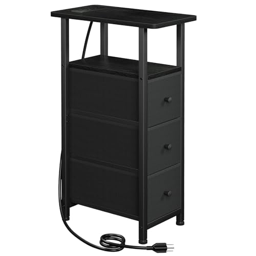 Narrow End Table with Charging Station, Small Nightstand | Skinny Side Tables Living Room with 3 Fabric Drawers, Slim Bedside Table for Bedroom, Small Spaces, Couch, Black - color: Black, size: 27.55''H (3 Drawers), style: Power
