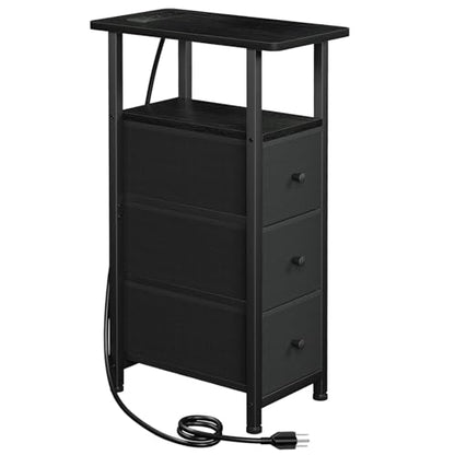 Narrow End Table with Charging Station, Small Nightstand | Skinny Side Tables Living Room with 3 Fabric Drawers, Slim Bedside Table for Bedroom, Small Spaces, Couch, Black - color: Black, size: 27.55''H (3 Drawers), style: Power
