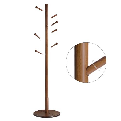 VASAGLE Solid Wood Coat Rack, Free Standing Hall Coat Tree with 7 Hooks, 3 Height Options, for Coats, Hats, Bags, Purses, for Entryway, Hallway, Rubberwood Hooks and Pole, Dark Walnut URCR07WN - color: Dark Walnut, style: Round Base + Spherical Hooks