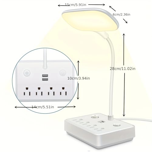 LED Desk Lamp with 2 USB Charging Port and 4 AC Power Outlet - 3 Lighting Modes, Adjustable Gooseneck, Eye-Caring Small White Table Lamp for Home Office College Dorm Room Essentials