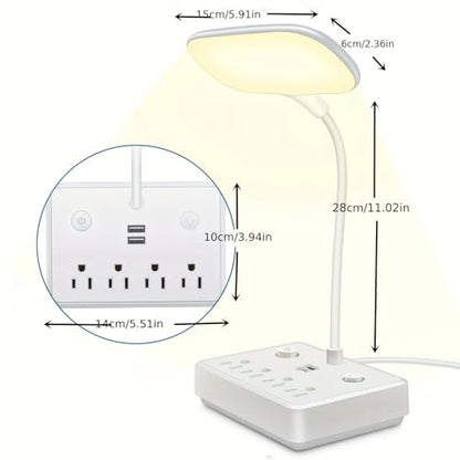 LED Desk Lamp with 2 USB Charging Port and 4 AC Power Outlet - 3 Lighting Modes, Adjustable Gooseneck, Eye-Caring Small White Table Lamp for Home Office College Dorm Room Essentials