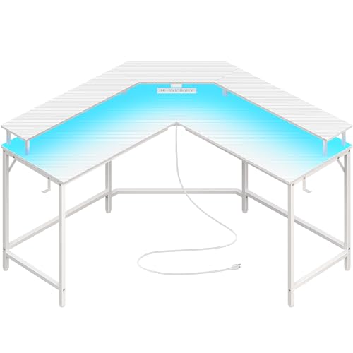 Huuger L Shaped Gaming Desk with Power Outlets & LED Lights, Computer Desk with Monitor Shelves, Carbon Fiber Surface, Home Office Desk, Corner Gaming Desk with Hooks, Carbon Fiber White - color: Carbon Fiber White