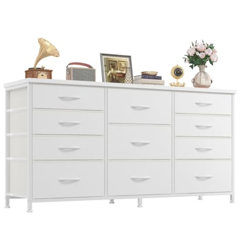 Romorgniz 47.2"W Long Dresser with 11 Fabric Drawers, TV Stand & Wooden Top | Five large and six small drawers provide organized storage, with a stable metal frame for bedrooms, living rooms and TV areas - color: White