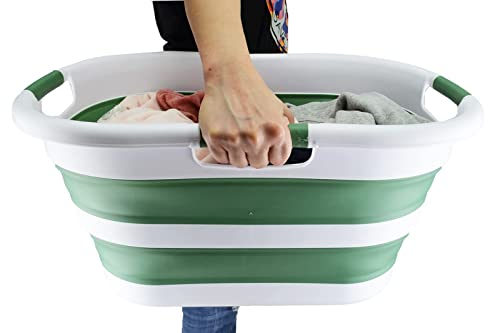 SAMMART 40L (10.5 gallon) Collapsible Plastic Laundry Basket - Foldable Pop Up Storage Container/Organizer - Portable Washing Tub - Space Saving Hamper/Basket (1, White/Dark Sea Green) - color: White/Dark Sea Green