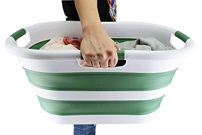 SAMMART 40L (10.5 gallon) Collapsible Plastic Laundry Basket - Foldable Pop Up Storage Container/Organizer - Portable Washing Tub - Space Saving Hamper/Basket (1, White/Dark Sea Green) - color: White/Dark Sea Green