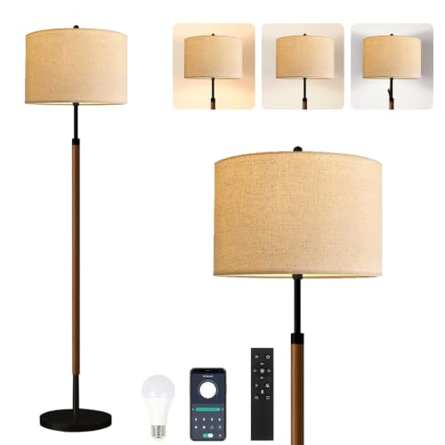 ILLMTW Wood Floor Lamp for Living Room,Bedroom,Vintage Mid Century Modern Standing Lamp with Remote Dimmable,Boho Black Tall Lamp Fabric Lamp Shade Floor Lights Bohemian Tiffany Style - size: 12-Floor Lamp
