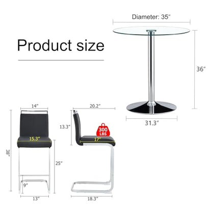 gopop 3 Piece Dining Table Set for 2, Modern Round Glass Counter Height Pub Table, Compact High Top with Bar Stools Pub Dining Set for Kitchen, Breakfast Room, Dining Room. (Grey, 3 Piece) - color: Grey