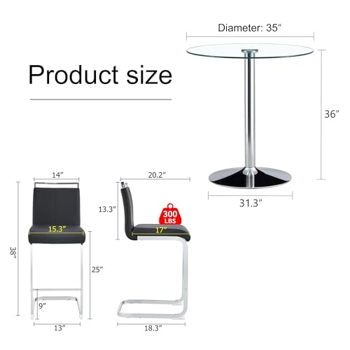 gopop 3 Piece Dining Table Set for 2, Modern Round Glass Counter Height Pub Table, Compact High Top with Bar Stools Pub Dining Set for Kitchen, Breakfast Room, Dining Room. (Black, 3 Piece) - color: Black