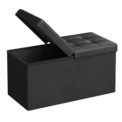 SONGMICS MAZIE Collection - 30 Inches Storage Ottoman Bench with Flipping Lid, Storage Chest Footstool, Load 660 lb, for Entryway, Living Room, Bedroom, Synthetic Leather, Black ULSF45BK - color: Black, size: 15"D x 30"W x 15"H, style: Classic