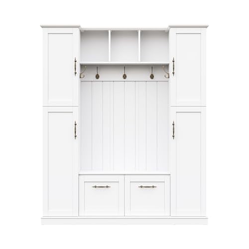 JIVOIT Farmhouse Hall Tree with 4 Side Cabinets, Adjustable Shelves & Open Cubbies, All-in-One Mudroom Furniture, Beadboard Entryway Bench with Coat Rack & 5 Hooks for Hallway (White,152) - color: White,152