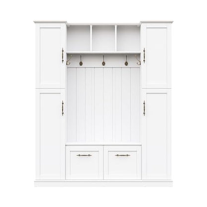 JIVOIT Farmhouse Hall Tree with 4 Side Cabinets, Adjustable Shelves & Open Cubbies, All-in-One Mudroom Furniture, Beadboard Entryway Bench with Coat Rack & 5 Hooks for Hallway (White,152) - color: White,152