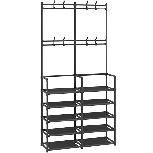 Laiensia 5-Tier Entryway Coat Rack, Coat and Shoe Rack, Entryway Bench Storage Organizer with 8 Hooks for Bedroom, Hallway, Office, Black - color: Black