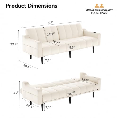 Brelice 80'' Leather Couch, Futon Sofa Bed, Faux Leather Couch with Adjustable Backrest, 2 Cup Holders & Side Pockets, Mid Century Modern Sofa for Living Room, Bedroom, Cream White - color: Faux Leather Cream White