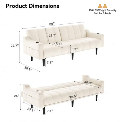 Brelice 80'' Leather Couch, Futon Sofa Bed, Faux Leather Couch with Adjustable Backrest, 2 Cup Holders & Side Pockets, Mid Century Modern Sofa for Living Room, Bedroom, Cream White - color: Faux Leather Cream White