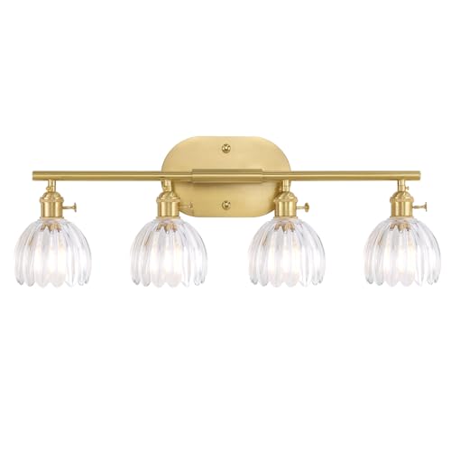 Shenmoyl Bathroom Light Fixtures, 4-Light Brass Vanity wall Light Over Mirror with Clear Tulip Glass Shade for Bedroom Living Room (Bulb Not Included) - color: Yellow Gold Base-Clear, size: 4-light