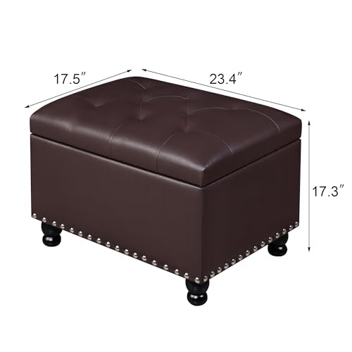 Adeco Faux Leather Storage Ottoman Bench with Safety Hinge, 23-Inch Upholstered Footrest Stool for Entryway & Living Room, Holds 350 lbs, Black - color: Matte Dark Brown - Leather