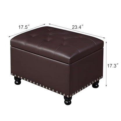 Adeco Faux Leather Storage Ottoman Bench with Safety Hinge, 23-Inch Upholstered Footrest Stool for Entryway & Living Room, Holds 350 lbs, Black - color: Matte Dark Brown - Leather